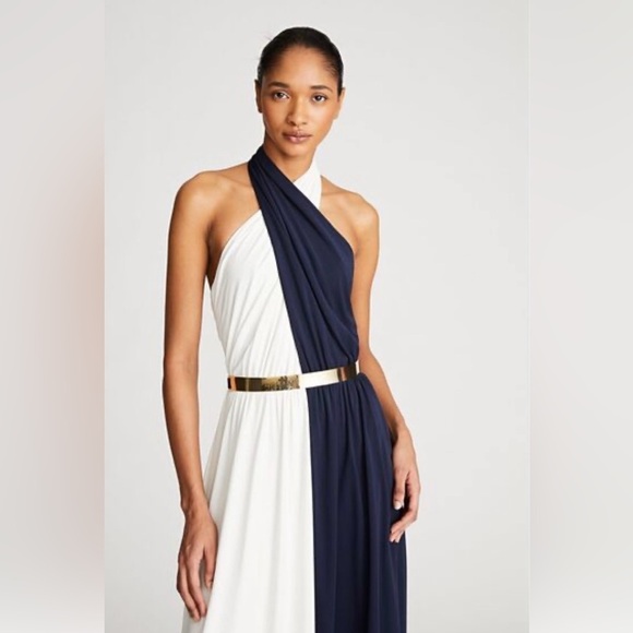 Halston Elegant Navy and White Women's Dress with Gold Belt | 6 - Picture 2 of 9